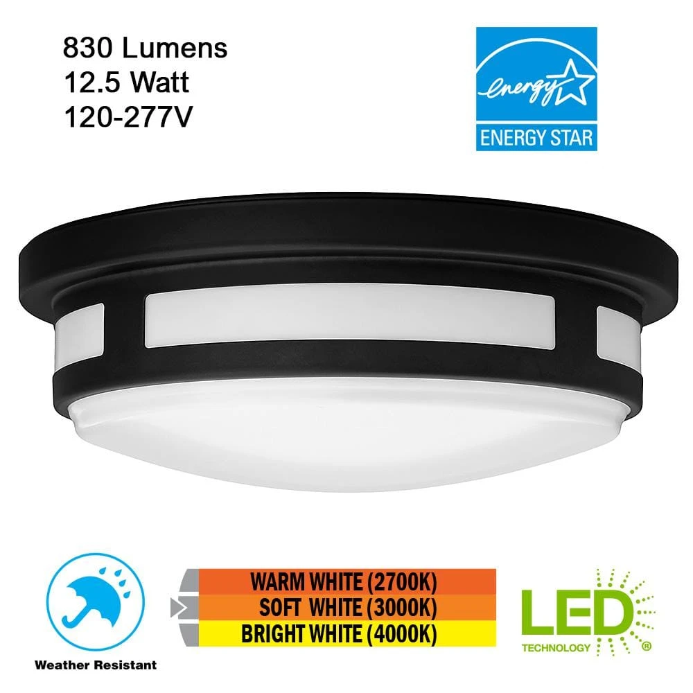 11 in. 1-Light Round Black LED Outdoor Flush Mount 2700K 3000K 4000K Entryway Deck Patio 120-277V 830 Lumens Wet Rated by Hampton Bay 2 11 in. 1-Light Round Black LED Outdoor Flush Mount 2700K 3000K 4000K Entryway Deck Patio 120-277V 830 Lumens Wet Rated by Hampton Bay - Image 2
