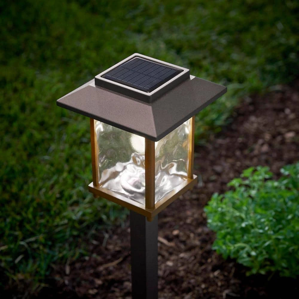 Parkwood 2-Tone, Bronze and Gold Solar LED Weather Resistant Path Light 14 Lumens with Water Glass Lens and Vintage Bulb by Hampton Bay 5 Parkwood 2-Tone, Bronze and Gold Solar LED Weather Resistant Path Light 14 Lumens with Water Glass Lens and Vintage Bulb by Hampton Bay - Image 5