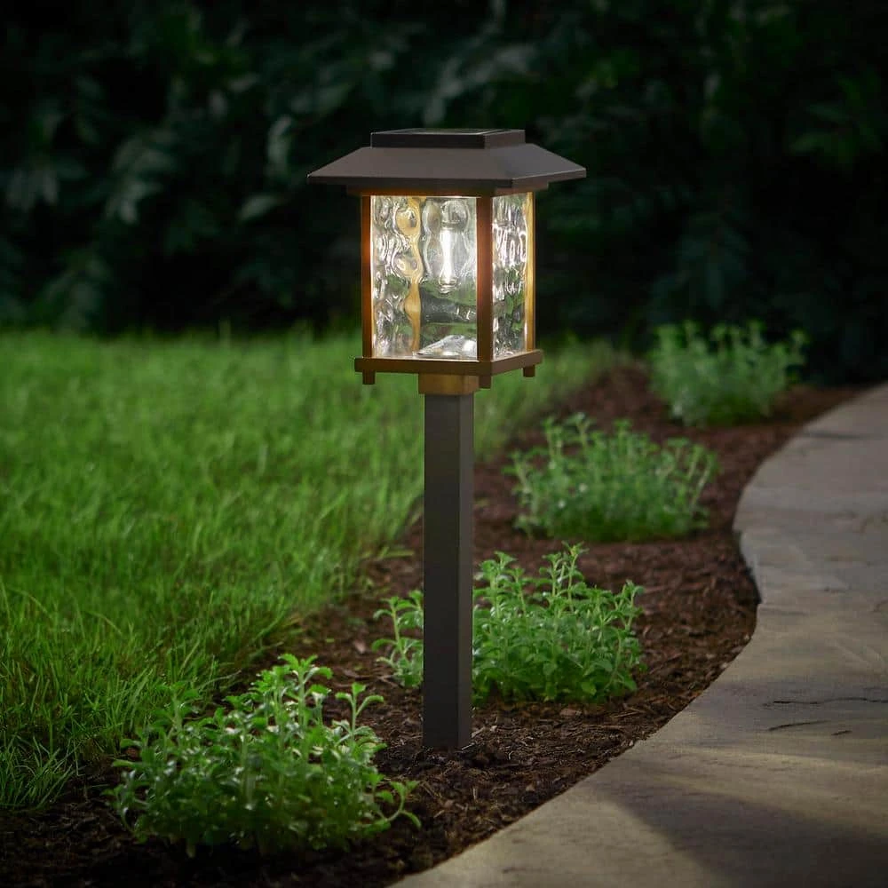 Parkwood 2-Tone, Bronze and Gold Solar LED Weather Resistant Path Light 14 Lumens with Water Glass Lens and Vintage Bulb by Hampton Bay 2 Parkwood 2-Tone, Bronze and Gold Solar LED Weather Resistant Path Light 14 Lumens with Water Glass Lens and Vintage Bulb by Hampton Bay - Image 2