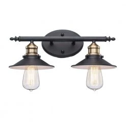 Glenhurst 2-Light Black and Brass Industrial Farmhouse Bathroom Vanity Light Fixture with Metal Shades by Hampton Bay