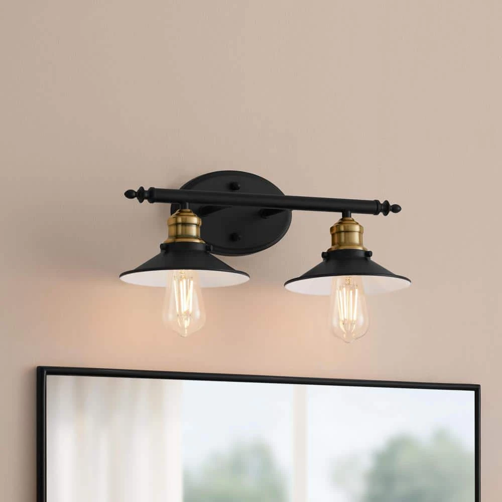 Glenhurst 2-Light Black and Brass Industrial Farmhouse Bathroom Vanity Light Fixture with Metal Shades by Hampton Bay 2 Glenhurst 2-Light Black and Brass Industrial Farmhouse Bathroom Vanity Light Fixture with Metal Shades by Hampton Bay - Image 2