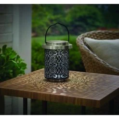 15 Lumens Solar LED Medium Metal Table Lantern by Hampton Bay -Hampton Bay Sales black and stainless hampton bay outdoor specialty lighting c6000 28 i e1 1000