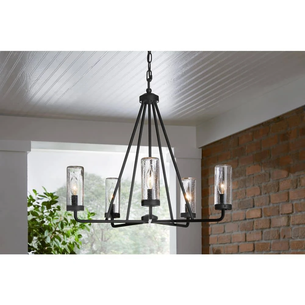 Bainbridge 24 in. 5-Light Black Outdoor Urban Industrial Chandelier with Clear Glass Shades by Hampton Bay 2 Bainbridge 24 in. 5-Light Black Outdoor Urban Industrial Chandelier with Clear Glass Shades by Hampton Bay - Image 2