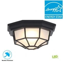 10.5 in. Black LED Outdoor Ceiling Flush Mount with Frosted Glass Shade by Hampton Bay -Hampton Bay Sales black hampton bay outdoor flush mount lights hb7072led 05 c3 1000