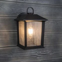 ASHTON 1-Light Black Outdoor Wall Mount Lantern Sconce with Seeded Glass by Hampton Bay -Hampton Bay Sales black hampton bay outdoor sconces 5284002012 31 1000