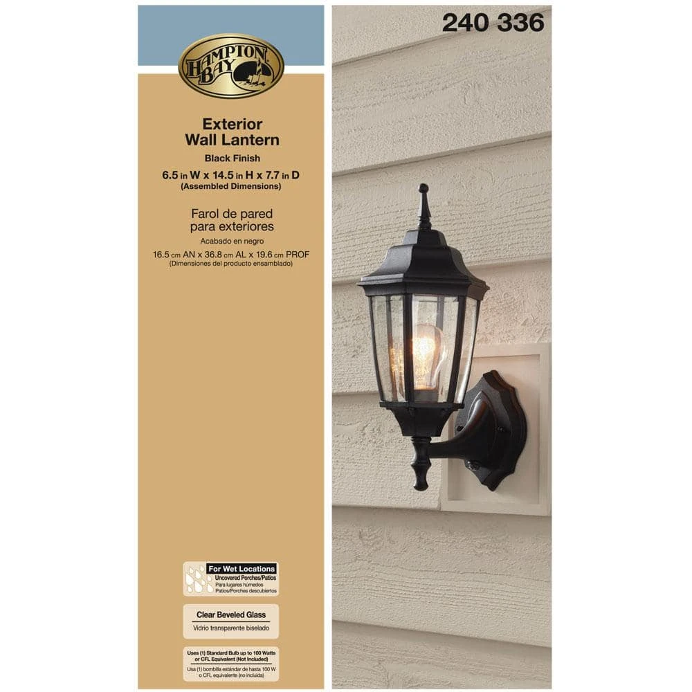 14.5 in. Black Dusk to Dawn Decorative Outdoor Wall Lantern by Hampton Bay 5 14.5 in. Black Dusk to Dawn Decorative Outdoor Wall Lantern by Hampton Bay - Image 5