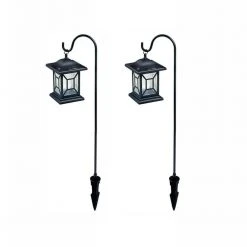 Solar 9.7 Lumens Black Outdoor Integrated LED Diamond Shepard Hook Lantern Landscape Path Light (2-Pack) by Hampton Bay