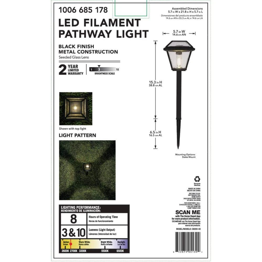 Warrenton Solar Black LED Path Light 13 Lumens, Glass Top with Bulb, Seedy Glass with Vintage Bulb (4-Pack) by Hampton Bay 8 Warrenton Solar Black LED Path Light 13 Lumens, Glass Top with Bulb, Seedy Glass with Vintage Bulb (4-Pack) by Hampton Bay - Image 8