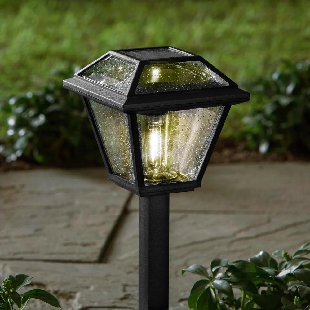 Warrenton Solar Black LED Path Light 13 Lumens, Glass Top with Bulb, Seedy Glass with Vintage Bulb (4-Pack) by Hampton Bay 2 Warrenton Solar Black LED Path Light 13 Lumens, Glass Top with Bulb, Seedy Glass with Vintage Bulb (4-Pack) by Hampton Bay - Image 2