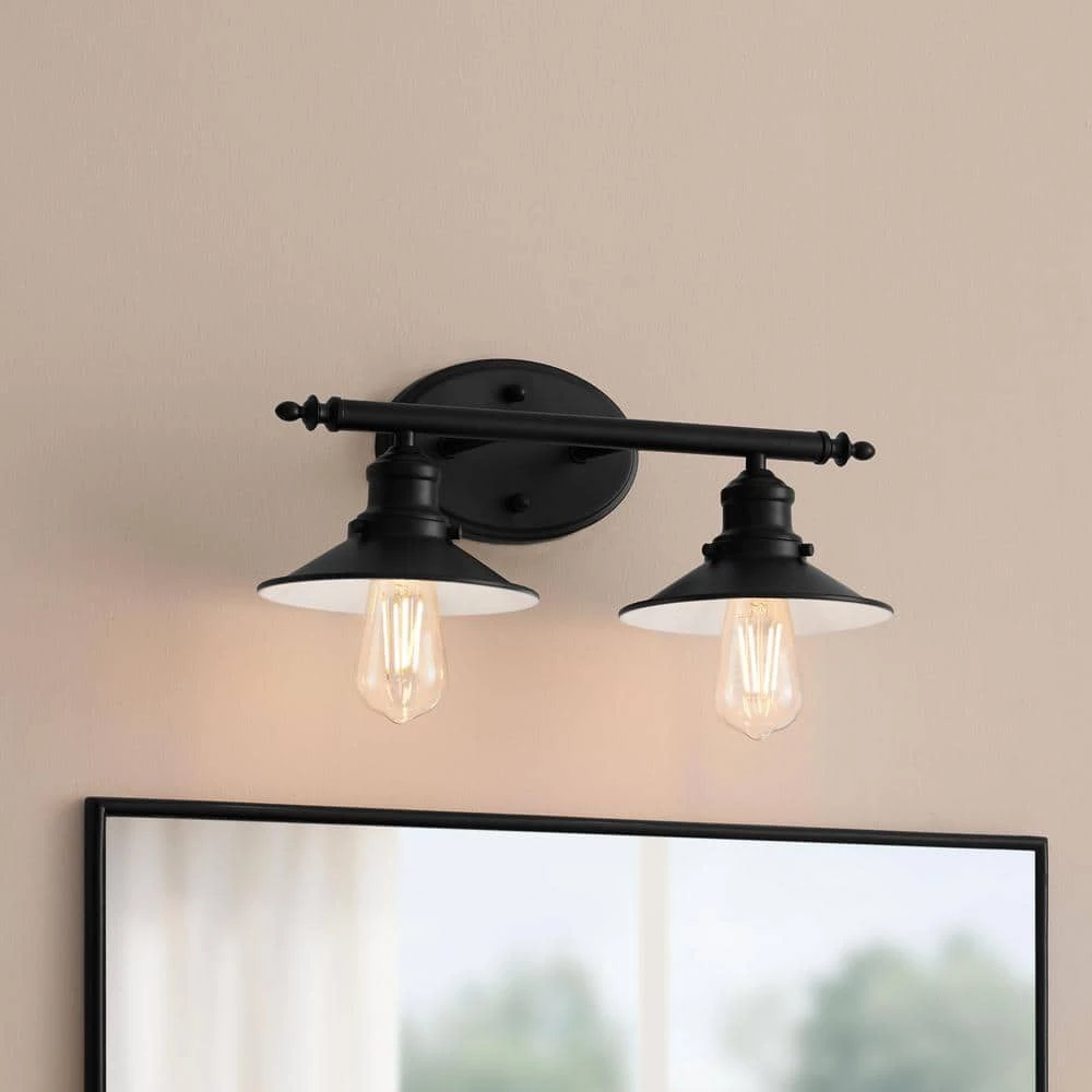 Glenhurst 2-Light Black Industrial Farmhouse Bathroom Vanity Light Fixture with Metal Shades by Hampton Bay 2 Glenhurst 2-Light Black Industrial Farmhouse Bathroom Vanity Light Fixture with Metal Shades by Hampton Bay - Image 2