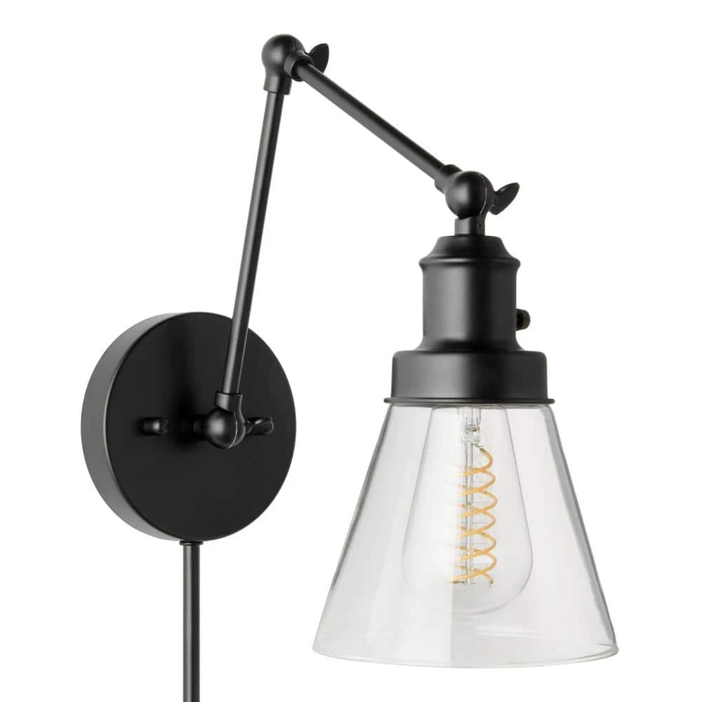 1-Light Black Plug-In or Hardwired Swing Arm Wall Lamp with 6 ft. Fabric Cord and Glass Shade by Hampton Bay 3 1-Light Black Plug-In or Hardwired Swing Arm Wall Lamp with 6 ft. Fabric Cord and Glass Shade by Hampton Bay - Image 3