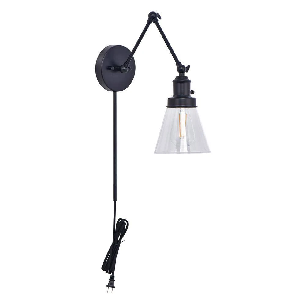 1-Light Black Plug-In or Hardwired Swing Arm Wall Lamp with 6 ft. Fabric Cord and Glass Shade by Hampton Bay 7 1-Light Black Plug-In or Hardwired Swing Arm Wall Lamp with 6 ft. Fabric Cord and Glass Shade by Hampton Bay - Image 7