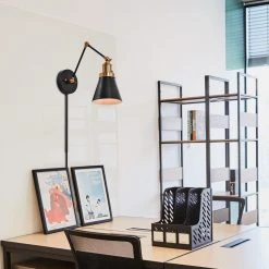 1-Light Black and Gold Plug-In or Hardwired Swing Arm Wall Lamp Wall Lamp with 6 ft. Fabric Cord by Hampton Bay -Hampton Bay Sales black hampton bay wall lamps ew11475bkf a 31 1000