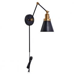 1-Light Black and Gold Plug-In or Hardwired Swing Arm Wall Lamp Wall Lamp with 6 ft. Fabric Cord by Hampton Bay -Hampton Bay Sales black hampton bay wall lamps ew11475bkf a 4f 1000