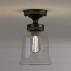 Matilda 1-Light Oil Rubbed Bronze Vintage Bulb Semi-Flush Mount Kitchen Ceiling Light with Bell Shaped Clear Glass Shade by Hampton Bay -Hampton Bay Sales bronze hampton bay flush mount lights sf0131106 1 6 1d 1000