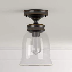 Matilda 1-Light Oil Rubbed Bronze Vintage Bulb Semi-Flush Mount Kitchen Ceiling Light with Bell Shaped Clear Glass Shade by Hampton Bay -Hampton Bay Sales bronze hampton bay flush mount lights sf0131106 1 6 66 1000