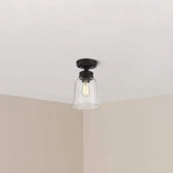 Matilda 1-Light Oil Rubbed Bronze Vintage Bulb Semi-Flush Mount Kitchen Ceiling Light with Bell Shaped Clear Glass Shade by Hampton Bay -Hampton Bay Sales bronze hampton bay flush mount lights sf0131106 1 6 d4 1000