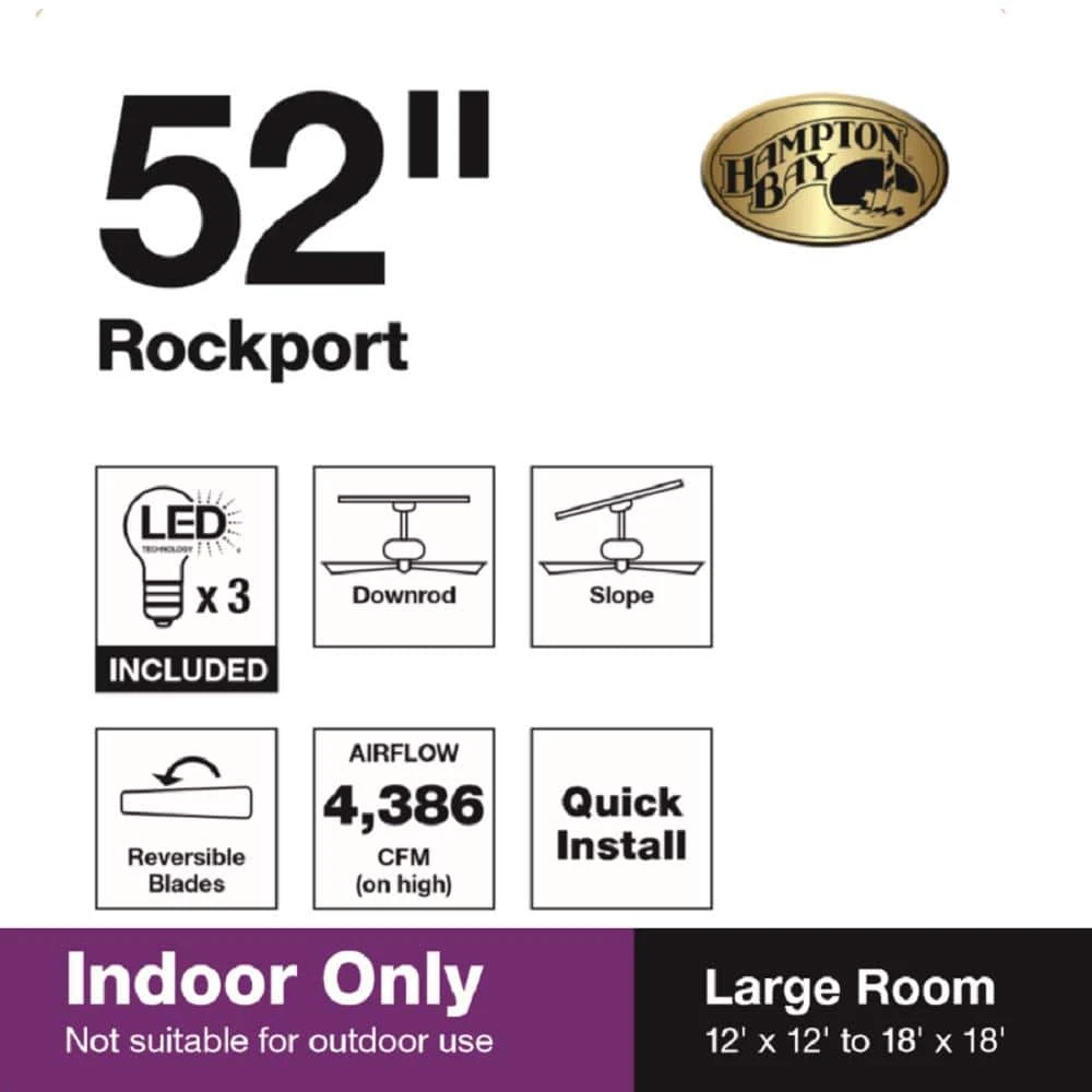 Rockport 52 in. Indoor LED Brushed Nickel Ceiling Fan with Light Kit, Downrod, Reversible Blades and Reversible Motor by Hampton Bay 3 Rockport 52 in. Indoor LED Brushed Nickel Ceiling Fan with Light Kit, Downrod, Reversible Blades and Reversible Motor by Hampton Bay - Image 3