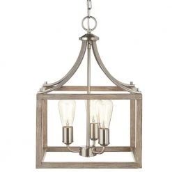 Boswell Quarter 14 in. 3-Light Brushed Nickel Farmhouse Square Chandelier with Painted Weathered Gray Wood Accents by Hampton Bay