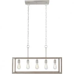 Boswell Quarter 34in. 5-Light Brushed Nickel Farmhouse Linear Island Chandelier with Weathered Wood Accents by Hampton Bay -Hampton Bay Sales brushed nickel hampton bay chandeliers 7965hdcdi 1f 1000