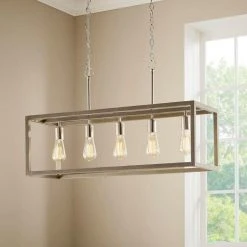 Boswell Quarter 34in. 5-Light Brushed Nickel Farmhouse Linear Island Chandelier with Weathered Wood Accents by Hampton Bay -Hampton Bay Sales brushed nickel hampton bay chandeliers 7965hdcdi 40 1000
