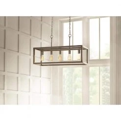 Boswell Quarter 34in. 5-Light Brushed Nickel Farmhouse Linear Island Chandelier with Weathered Wood Accents by Hampton Bay -Hampton Bay Sales brushed nickel hampton bay chandeliers 7965hdcdi 76 1000