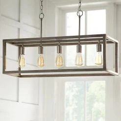 Boswell Quarter 34in. 5-Light Brushed Nickel Farmhouse Linear Island Chandelier with Weathered Wood Accents by Hampton Bay -Hampton Bay Sales brushed nickel hampton bay chandeliers 7965hdcdi fa 1000