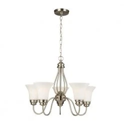 Kensley Park 5-Light Classic Traditional Brushed Nickel Hanging Candlestick Chandelier with Frosted White Shade by Hampton Bay
