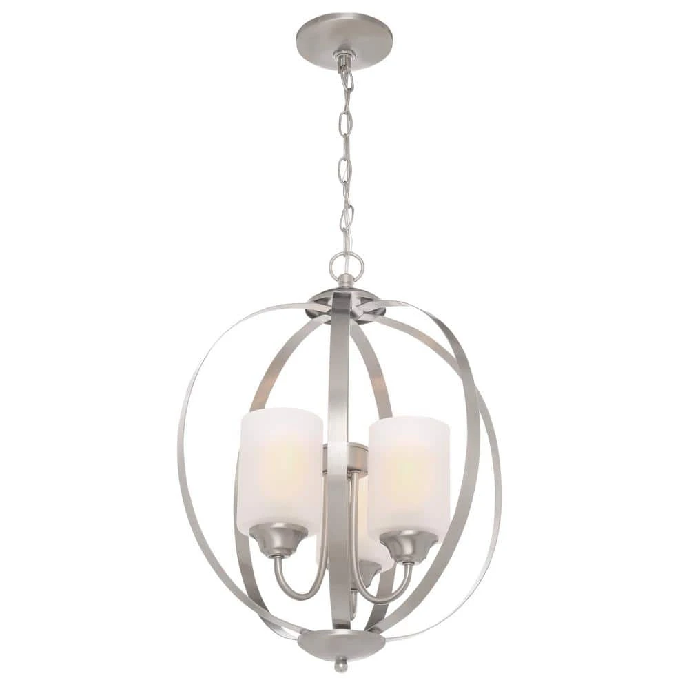 Findlay 3-Light Brushed Nickel Chandelier with Etched White Glass Shades by Hampton Bay 4 Findlay 3-Light Brushed Nickel Chandelier with Etched White Glass Shades by Hampton Bay - Image 4
