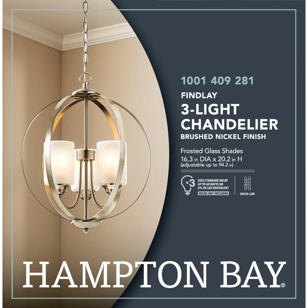 Findlay 3-Light Brushed Nickel Chandelier with Etched White Glass Shades by Hampton Bay 12 Findlay 3-Light Brushed Nickel Chandelier with Etched White Glass Shades by Hampton Bay - Image 12