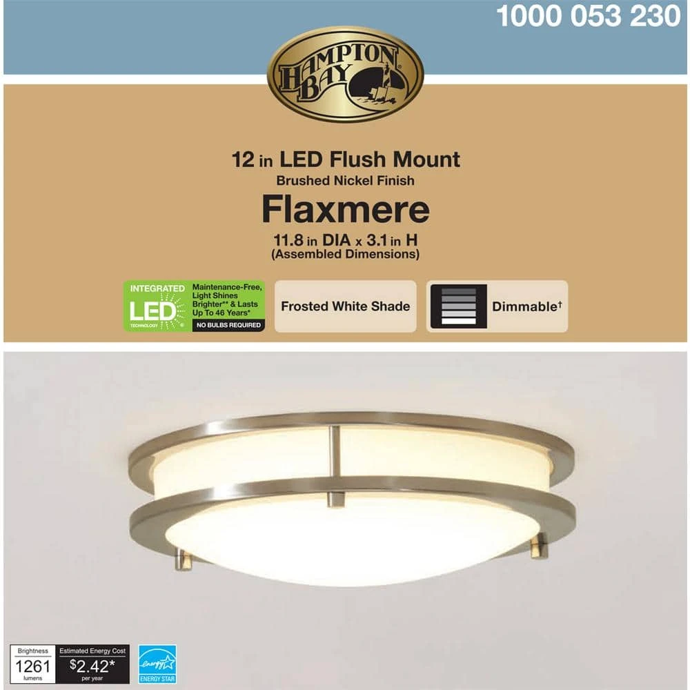 Flaxmere 12 in. Brushed Nickel Dimmable LED Flush Mount Ceiling Light with Frosted White Glass Shade by Hampton Bay 6 Flaxmere 12 in. Brushed Nickel Dimmable LED Flush Mount Ceiling Light with Frosted White Glass Shade by Hampton Bay - Image 6