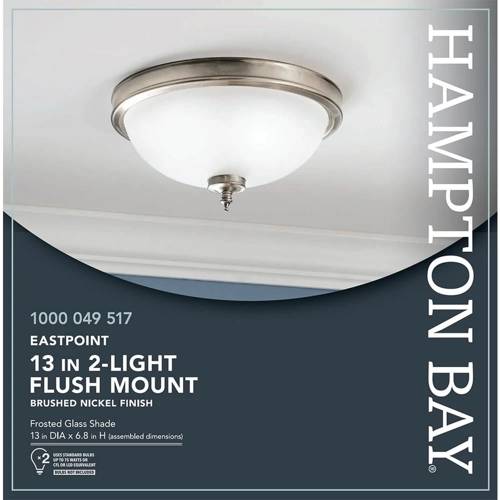 Eastpoint 13 in. 2-Light Brushed Nickel Flush Mount with Frosted Glass Shade by Hampton Bay 4 Eastpoint 13 in. 2-Light Brushed Nickel Flush Mount with Frosted Glass Shade by Hampton Bay - Image 4