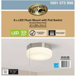 8 in. 60-Watt Equivalent Brushed Nickel Integrated LED Drum Flush Mount with Pull Chain and Glass Shade by Hampton Bay -Hampton Bay Sales brushed nickel hampton bay flush mount lights isp8011l 2 1f 1000