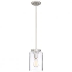 Mullins 6.75 in. 1-Light Brushed Nickel Mini Pendant with Clear Glass Shade by Hampton Bay