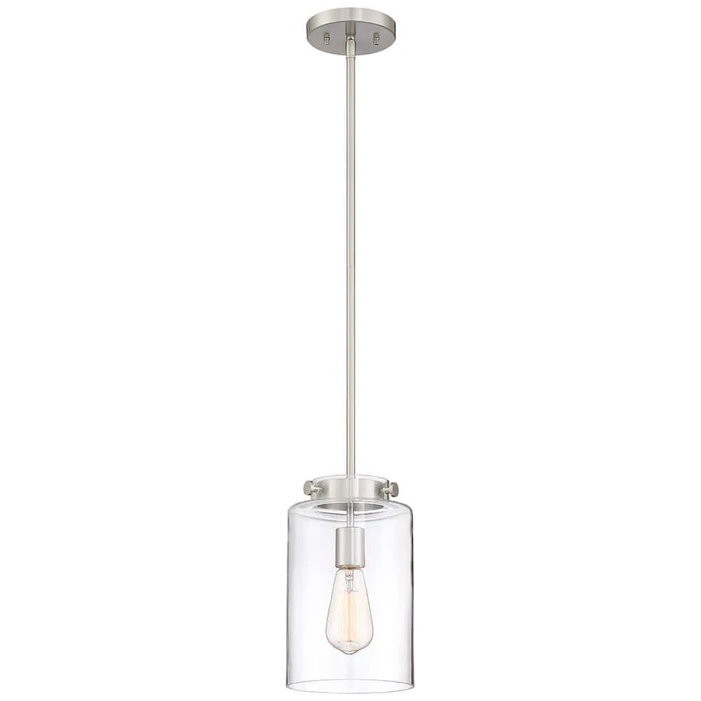 Mullins 6.75 in. 1-Light Brushed Nickel Mini Pendant with Clear Glass Shade by Hampton Bay 1 Mullins 6.75 in. 1-Light Brushed Nickel Mini Pendant with Clear Glass Shade by Hampton Bay