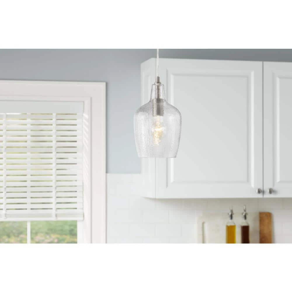 Gillian 1-Light Brushed Nickel Cone Mini Pendant with Clear Hammered Glass by Hampton Bay 2 Gillian 1-Light Brushed Nickel Cone Mini Pendant with Clear Hammered Glass by Hampton Bay - Image 2