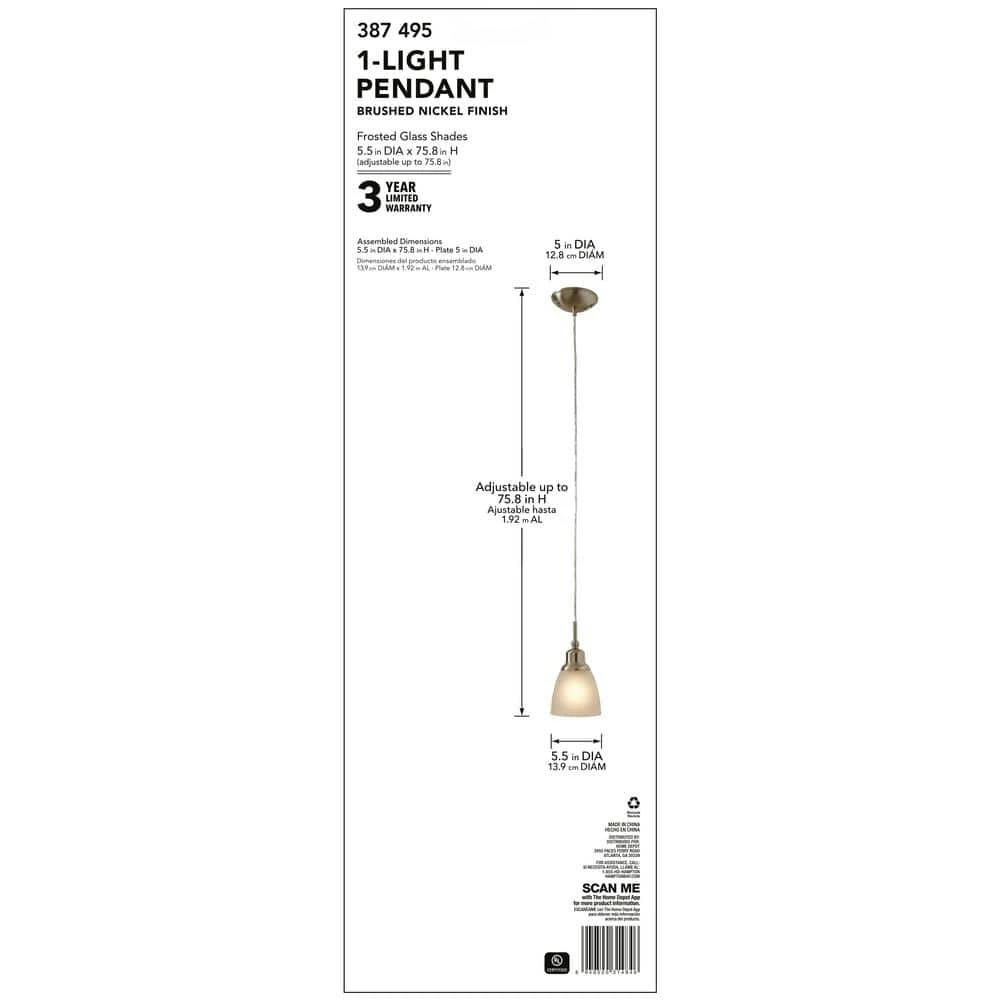 Riverbrook 1-Light Brushed Nickel Mini Pendant with Frosted White Glass Shade (3-Pack) by Hampton Bay 10 Riverbrook 1-Light Brushed Nickel Mini Pendant with Frosted White Glass Shade (3-Pack) by Hampton Bay - Image 10