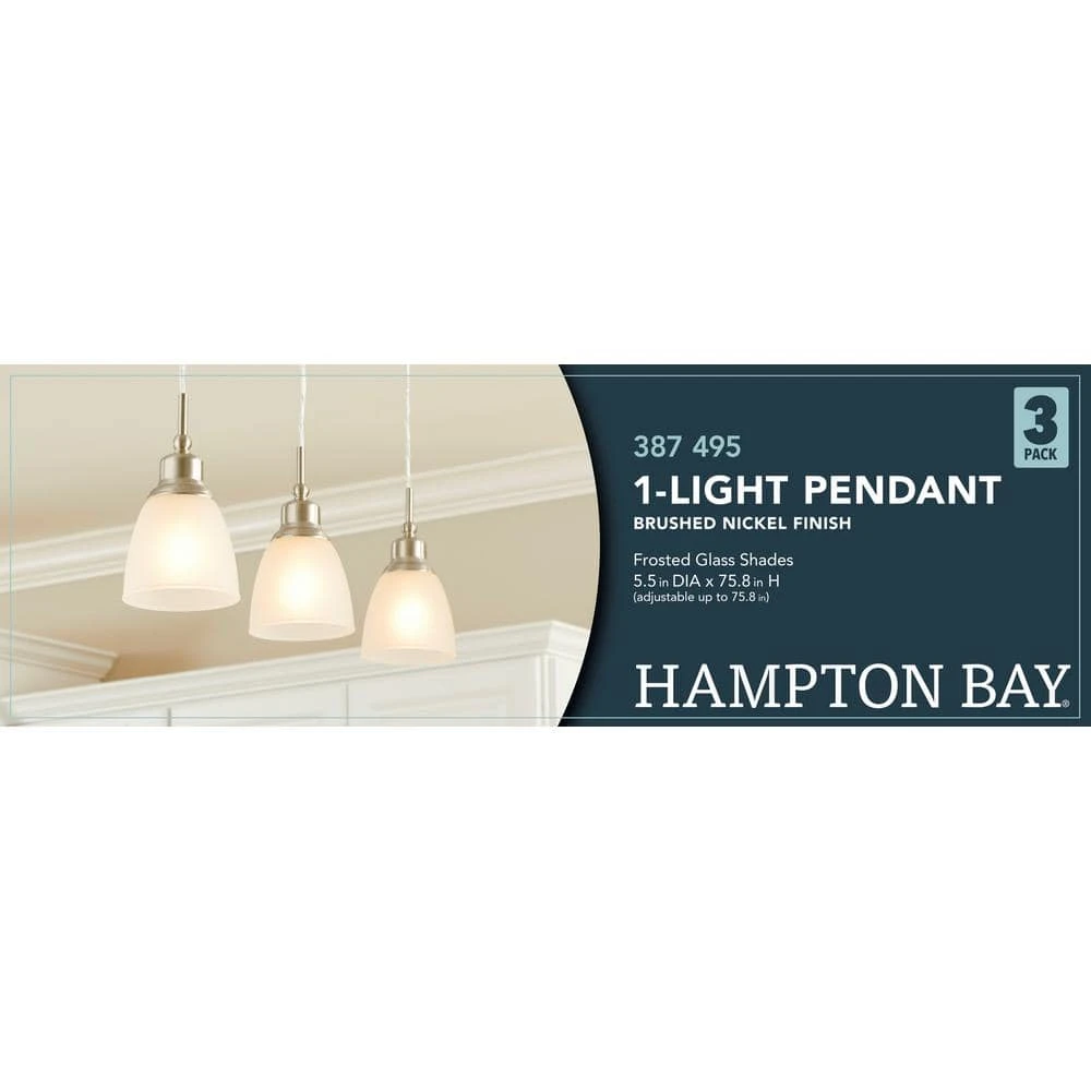Riverbrook 1-Light Brushed Nickel Mini Pendant with Frosted White Glass Shade (3-Pack) by Hampton Bay 8 Riverbrook 1-Light Brushed Nickel Mini Pendant with Frosted White Glass Shade (3-Pack) by Hampton Bay - Image 8