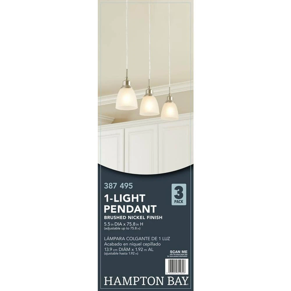 Riverbrook 1-Light Brushed Nickel Mini Pendant with Frosted White Glass Shade (3-Pack) by Hampton Bay 11 Riverbrook 1-Light Brushed Nickel Mini Pendant with Frosted White Glass Shade (3-Pack) by Hampton Bay - Image 11