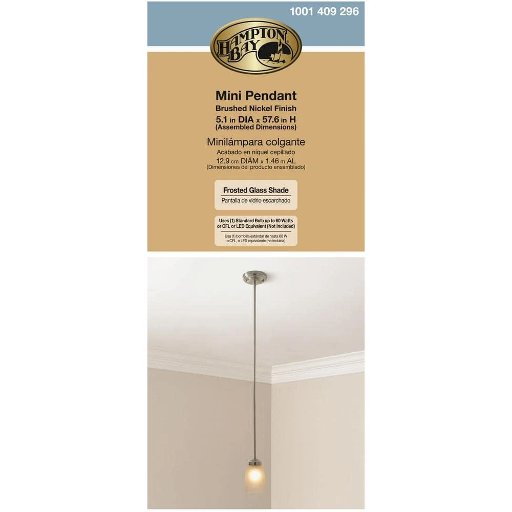 1-Light Brushed Nickel Mini Pendant with Frosted Glass Shade by Hampton Bay 12 1-Light Brushed Nickel Mini Pendant with Frosted Glass Shade by Hampton Bay - Image 12