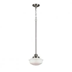 Belvedere Park 1-Light Brushed Nickel Mini-Pendant Hanging Light with Frosted Glass Shade, Farmhouse Kitchen Lighting by Hampton Bay