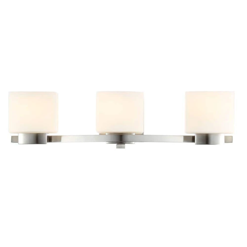Aldridge 3-Light Brushed Nickel Vanity Light with Etched White Glass Shades by Hampton Bay 1 Aldridge 3-Light Brushed Nickel Vanity Light with Etched White Glass Shades by Hampton Bay