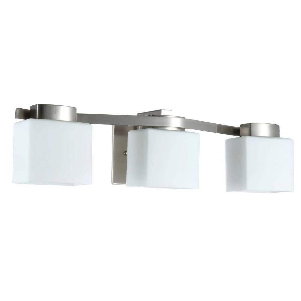 Aldridge 3-Light Brushed Nickel Vanity Light with Etched White Glass Shades by Hampton Bay 4 Aldridge 3-Light Brushed Nickel Vanity Light with Etched White Glass Shades by Hampton Bay - Image 4