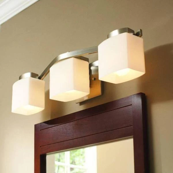 Aldridge 3-Light Brushed Nickel Vanity Light with Etched White Glass Shades by Hampton Bay 5 Aldridge 3-Light Brushed Nickel Vanity Light with Etched White Glass Shades by Hampton Bay - Image 5