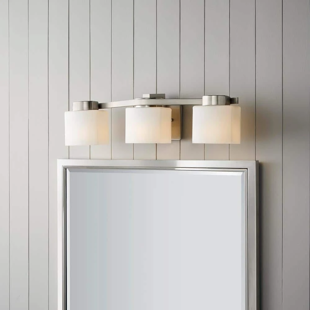 Aldridge 3-Light Brushed Nickel Vanity Light with Etched White Glass Shades by Hampton Bay 2 Aldridge 3-Light Brushed Nickel Vanity Light with Etched White Glass Shades by Hampton Bay - Image 2