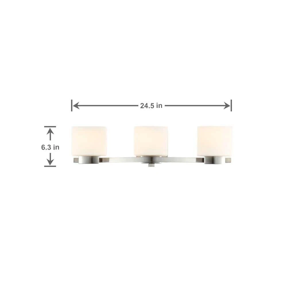 Aldridge 3-Light Brushed Nickel Vanity Light with Etched White Glass Shades by Hampton Bay 9 Aldridge 3-Light Brushed Nickel Vanity Light with Etched White Glass Shades by Hampton Bay - Image 9