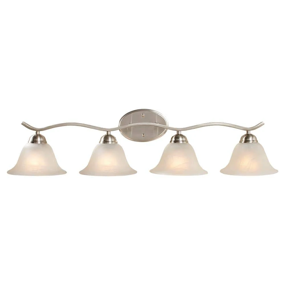 Andenne 4-Light Brushed Nickel Bathroom Vanity Light with Bell Shaped Marbleized Glass Shades by Hampton Bay 1 Andenne 4-Light Brushed Nickel Bathroom Vanity Light with Bell Shaped Marbleized Glass Shades by Hampton Bay