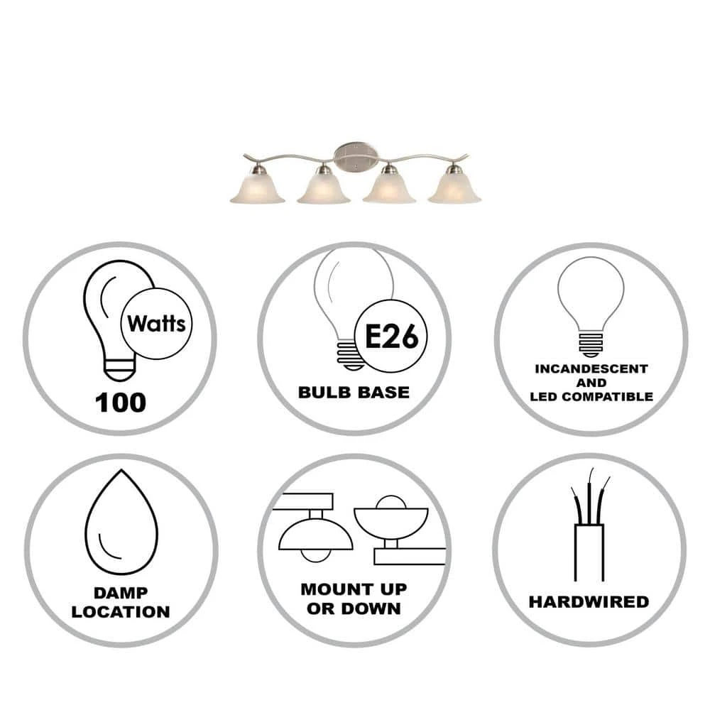 Andenne 4-Light Brushed Nickel Bathroom Vanity Light with Bell Shaped Marbleized Glass Shades by Hampton Bay 14 Andenne 4-Light Brushed Nickel Bathroom Vanity Light with Bell Shaped Marbleized Glass Shades by Hampton Bay - Image 14