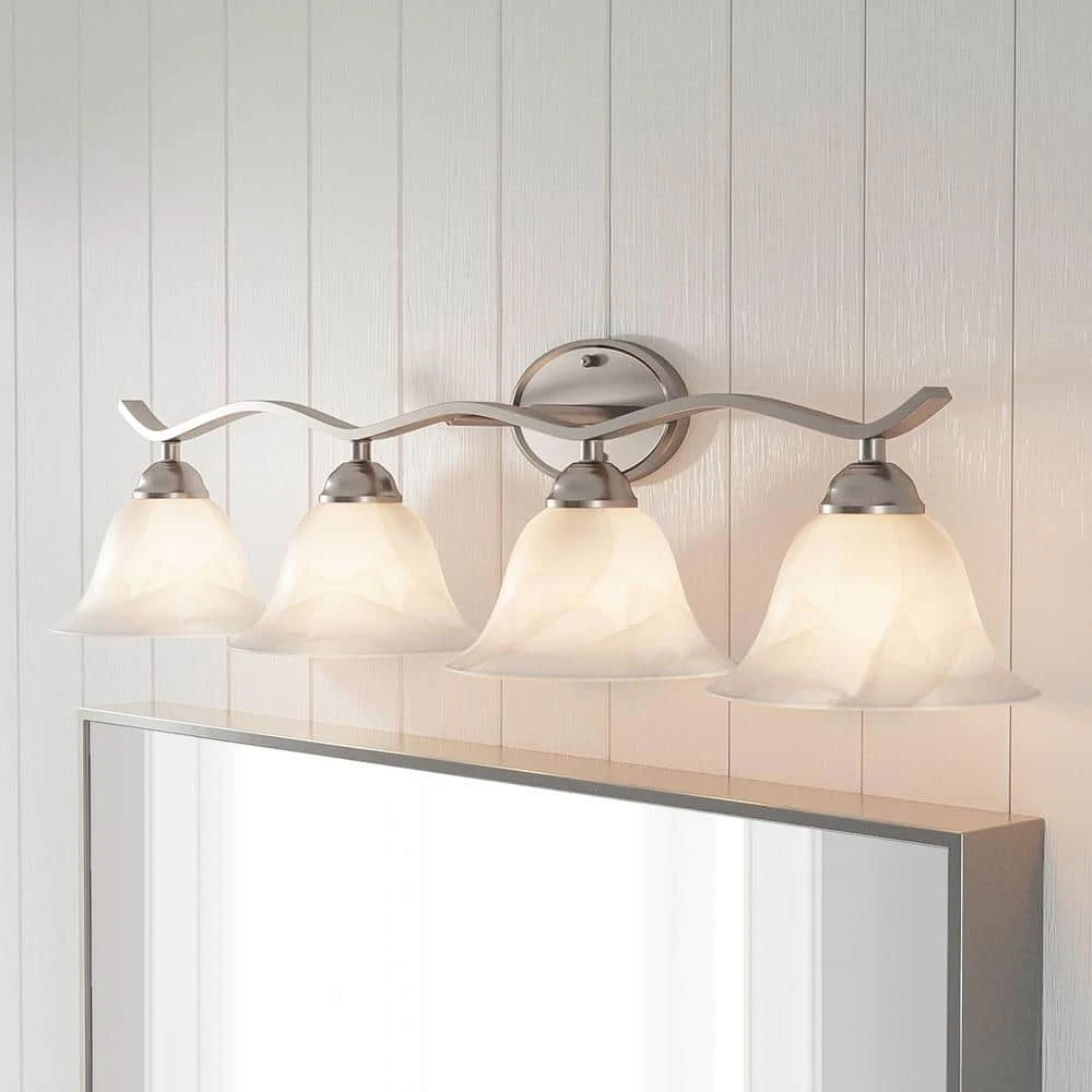Andenne 4-Light Brushed Nickel Bathroom Vanity Light with Bell Shaped Marbleized Glass Shades by Hampton Bay 2 Andenne 4-Light Brushed Nickel Bathroom Vanity Light with Bell Shaped Marbleized Glass Shades by Hampton Bay - Image 2