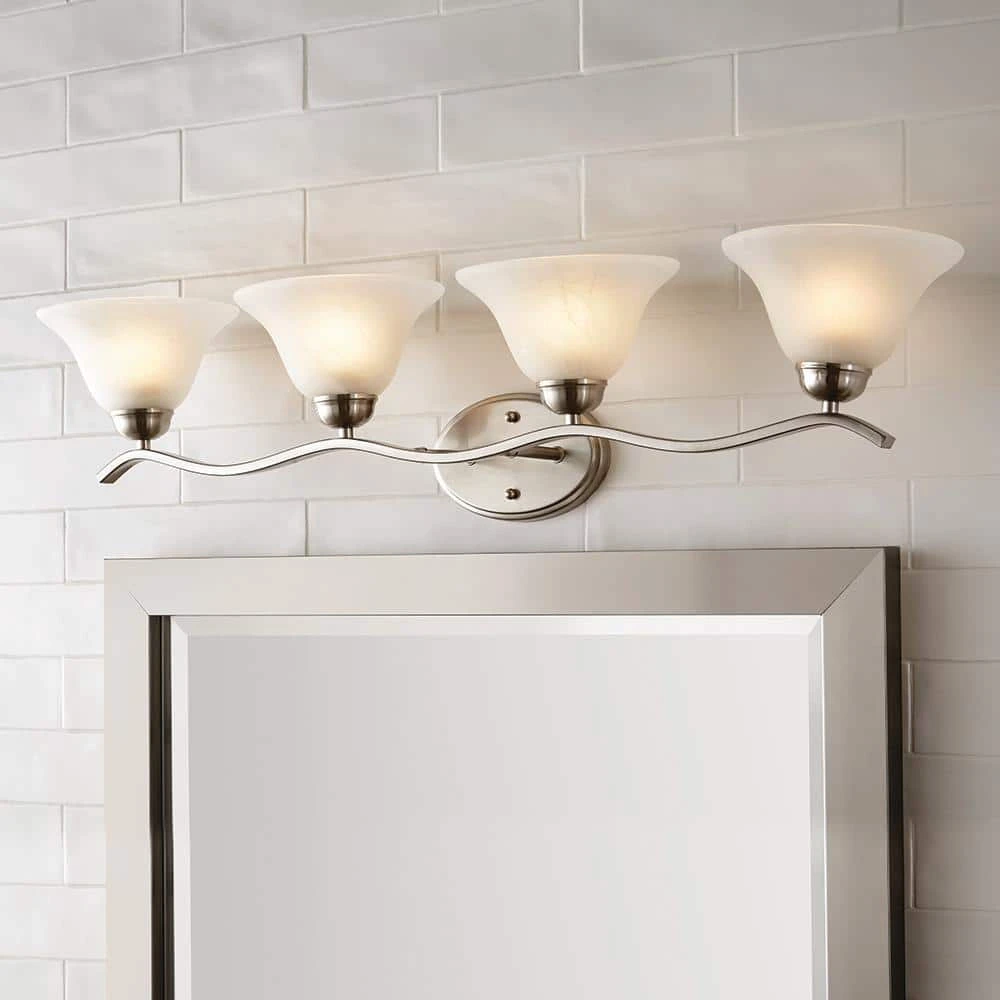 Andenne 4-Light Brushed Nickel Bathroom Vanity Light with Bell Shaped Marbleized Glass Shades by Hampton Bay 12 Andenne 4-Light Brushed Nickel Bathroom Vanity Light with Bell Shaped Marbleized Glass Shades by Hampton Bay - Image 12
